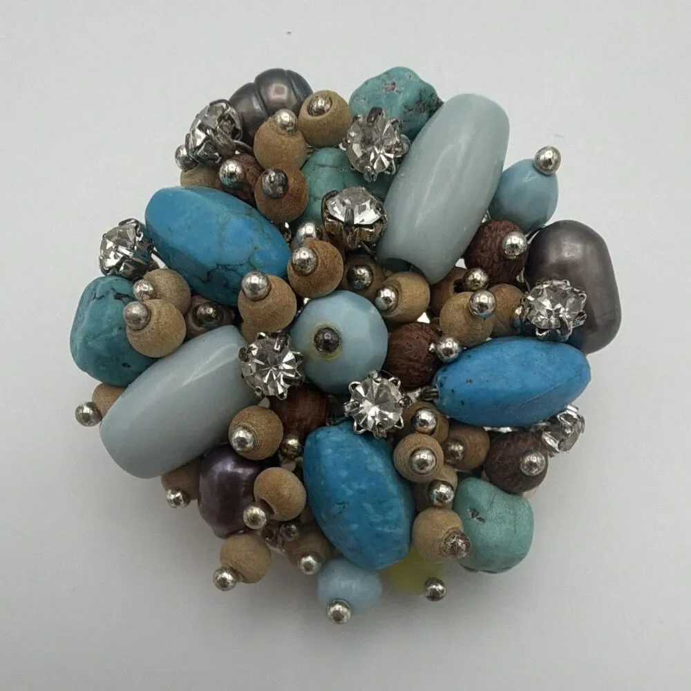 Silver Tone Blue Oval Stone & Rhinestone Round Cluster Brooch Pin 1.75 in